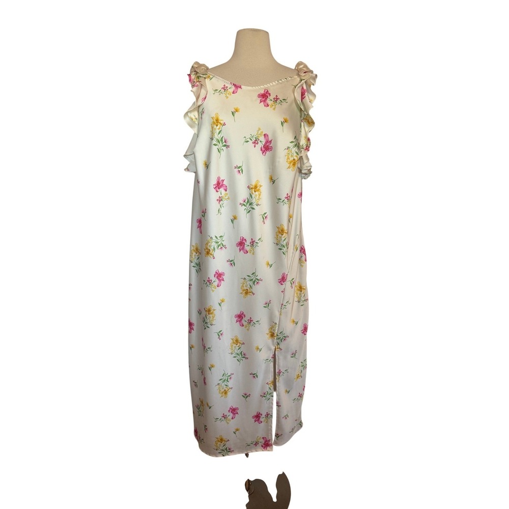 A New Day Cream Floral Satin Ruffle Shoulder Midi Dress XXL Pink Yellow‎ Slit